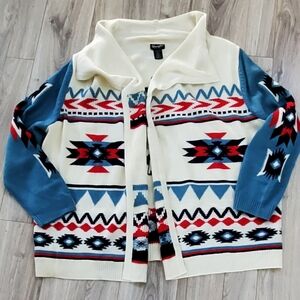 Wrangler Retro Western Open Drape Cardigan Sweater, Cream/Blue XL, Like New